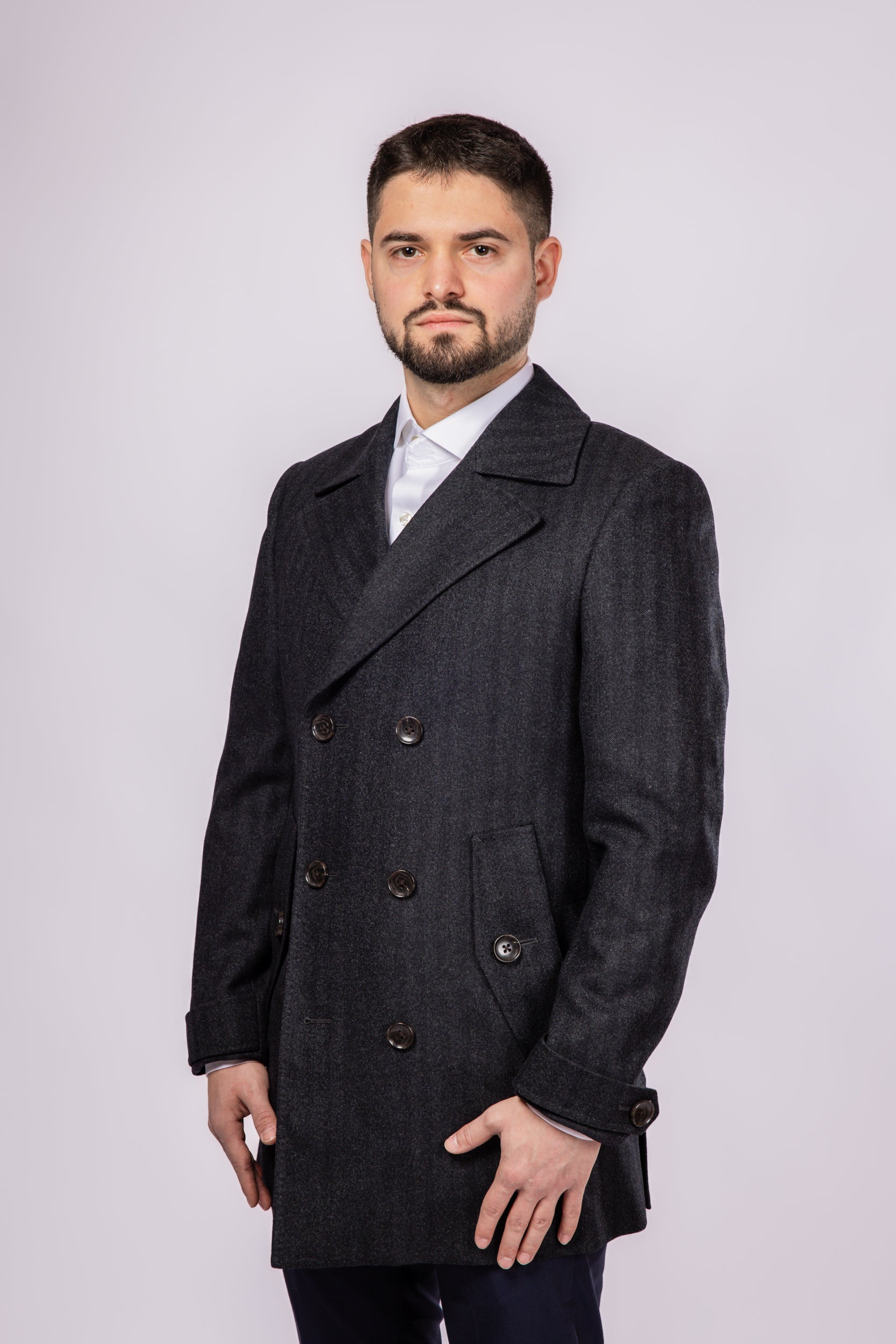 Herringbone Wool Peacoat - Grey Herringbone - Atica Man