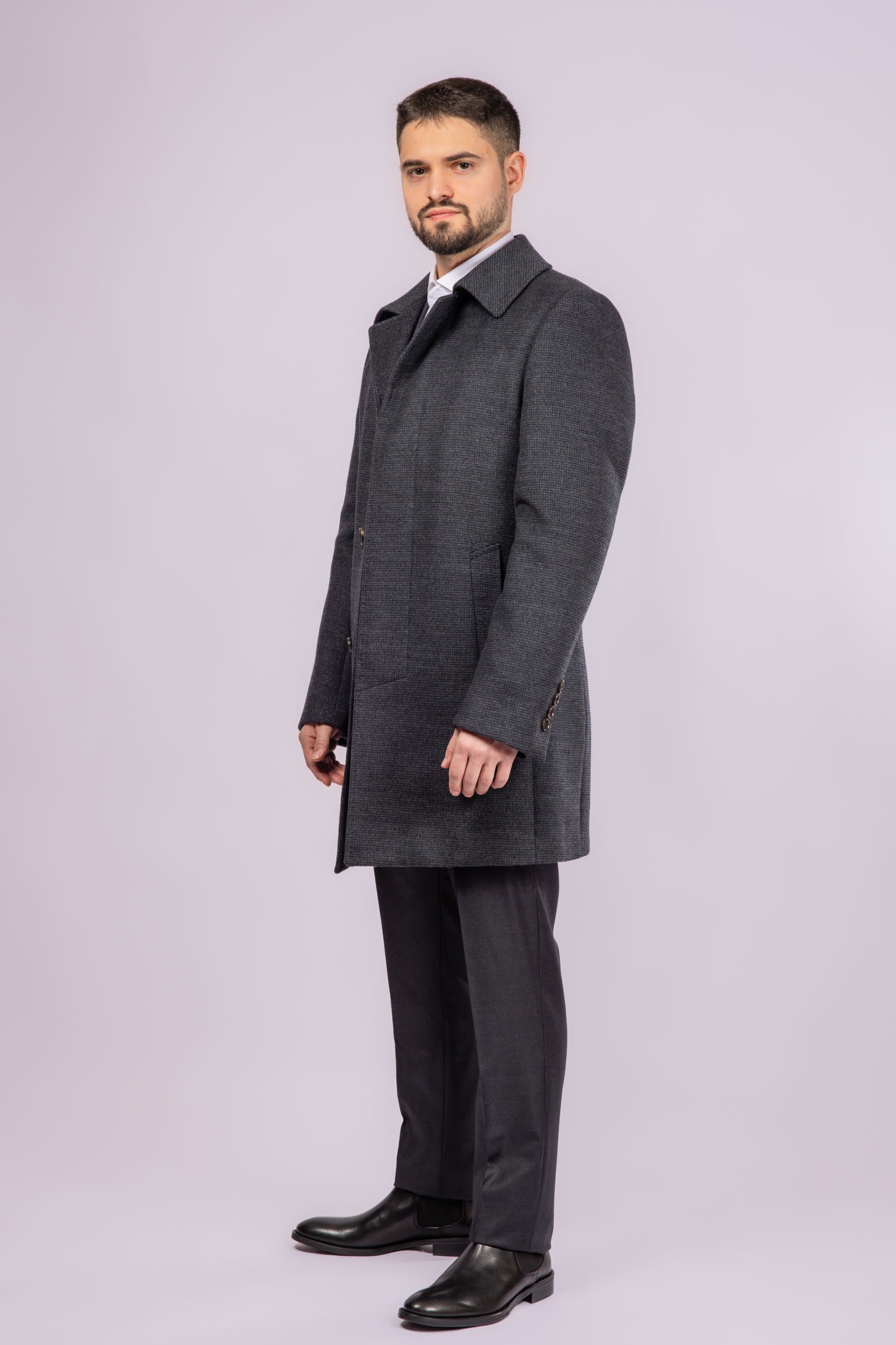 Collared Wool Carcoat - Grey Check - Atica Man