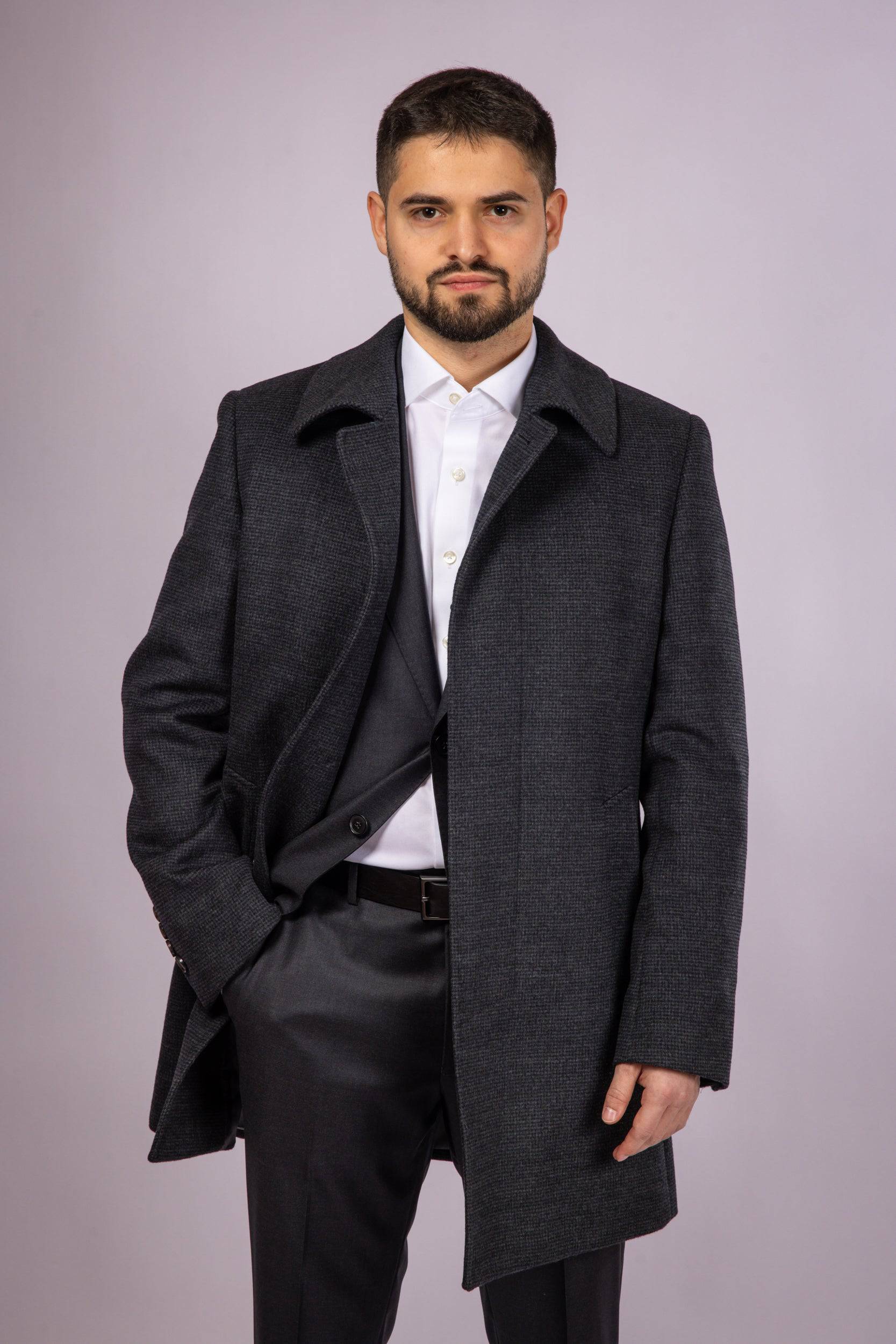 Collared Wool Carcoat - Grey Check - Atica Man