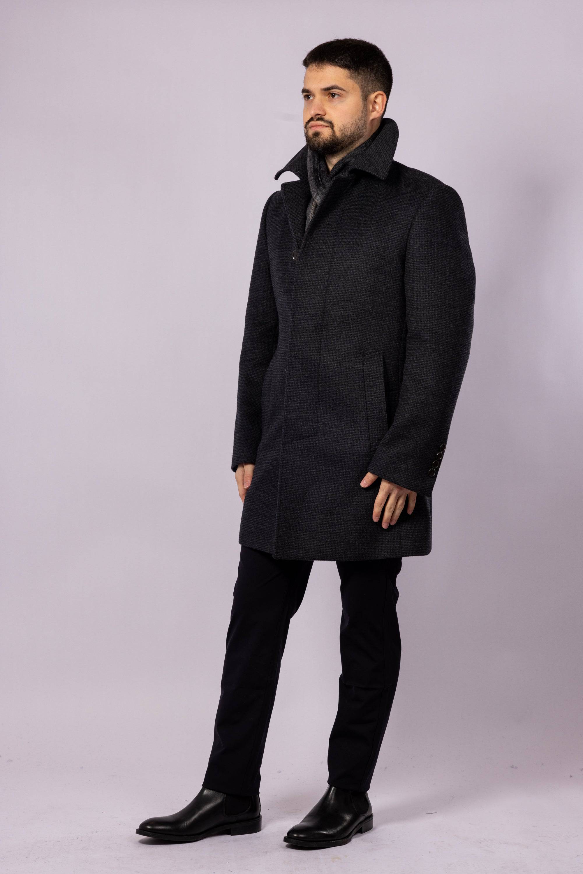 Collared Wool Carcoat - Grey Check - Atica Man