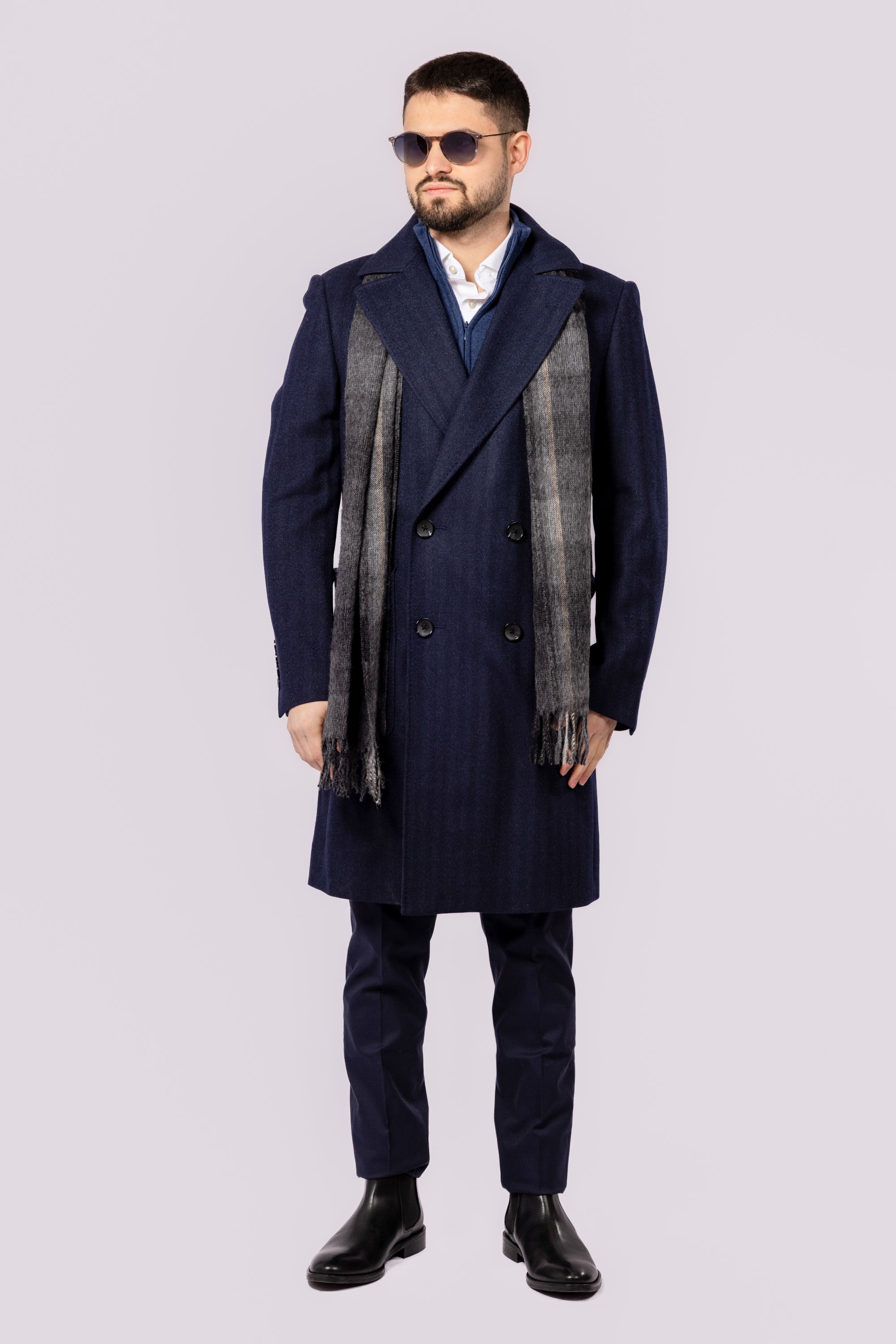 Double Breasted Wool Overcoat - Navy herringbone - Atica Man