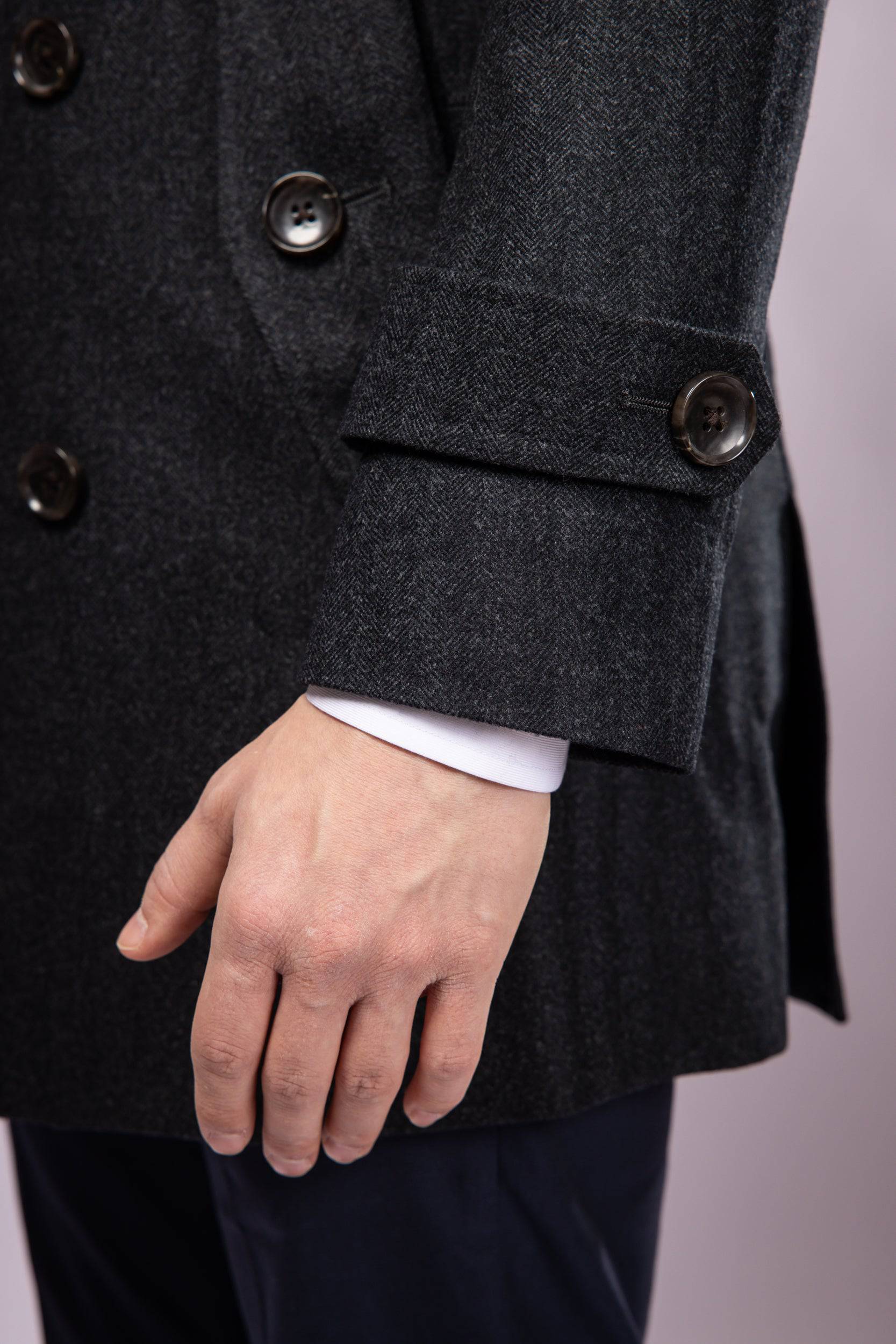 Herringbone Wool Peacoat - Grey Herringbone - Atica Man