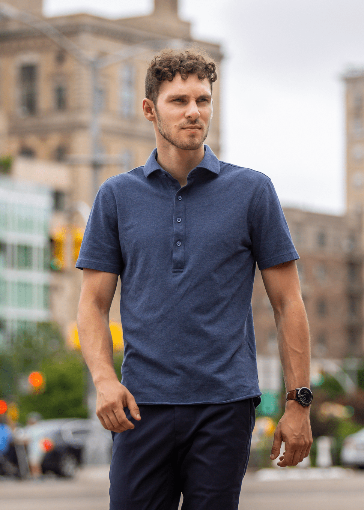Men's Heather Blue Polo Shirt. Made from 100% breathable American Cotton, wrinkle free