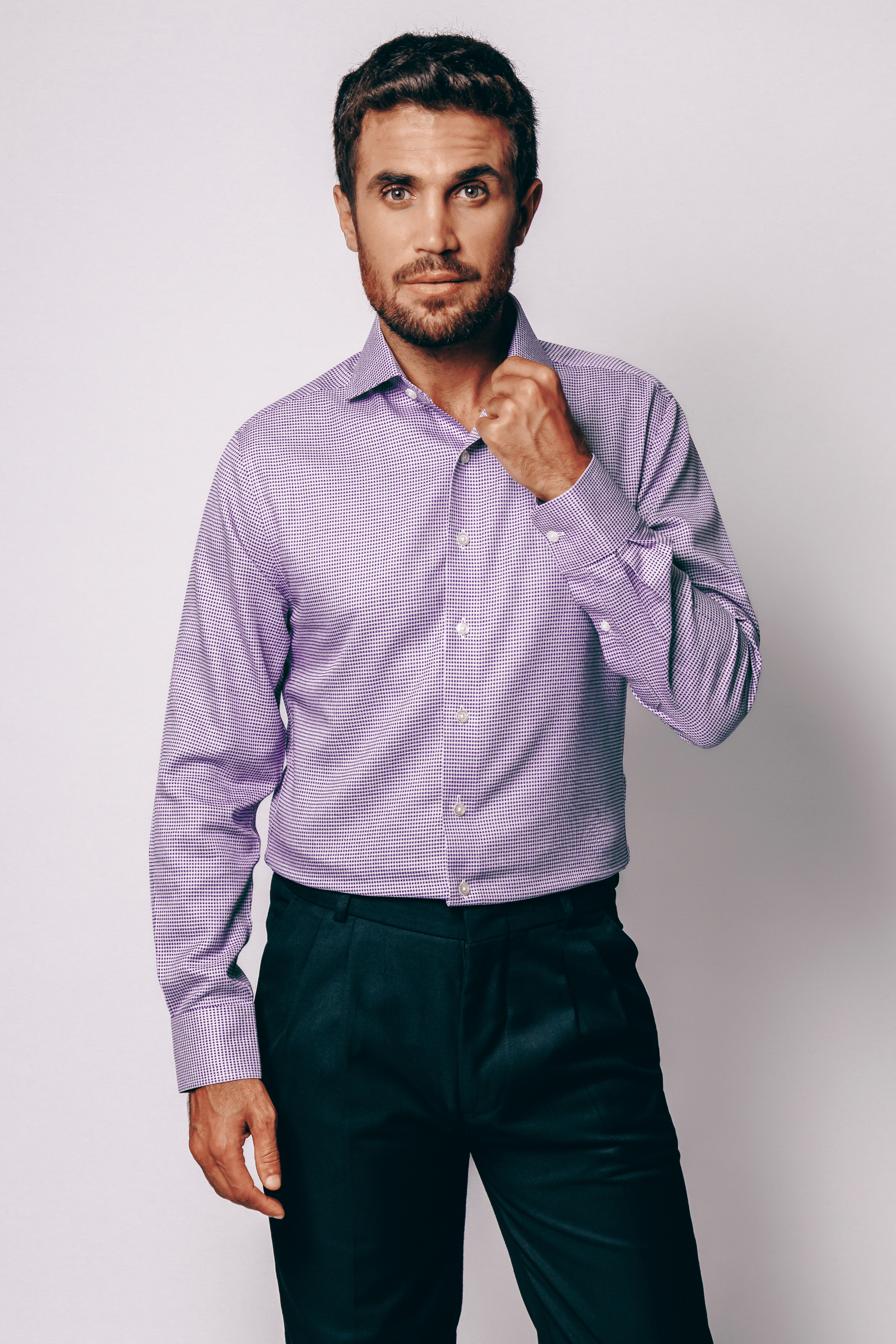 Greenwich Purple Check Dress Shirt – Non-Iron, Wrinkle-Resistant, Breathable Cotton