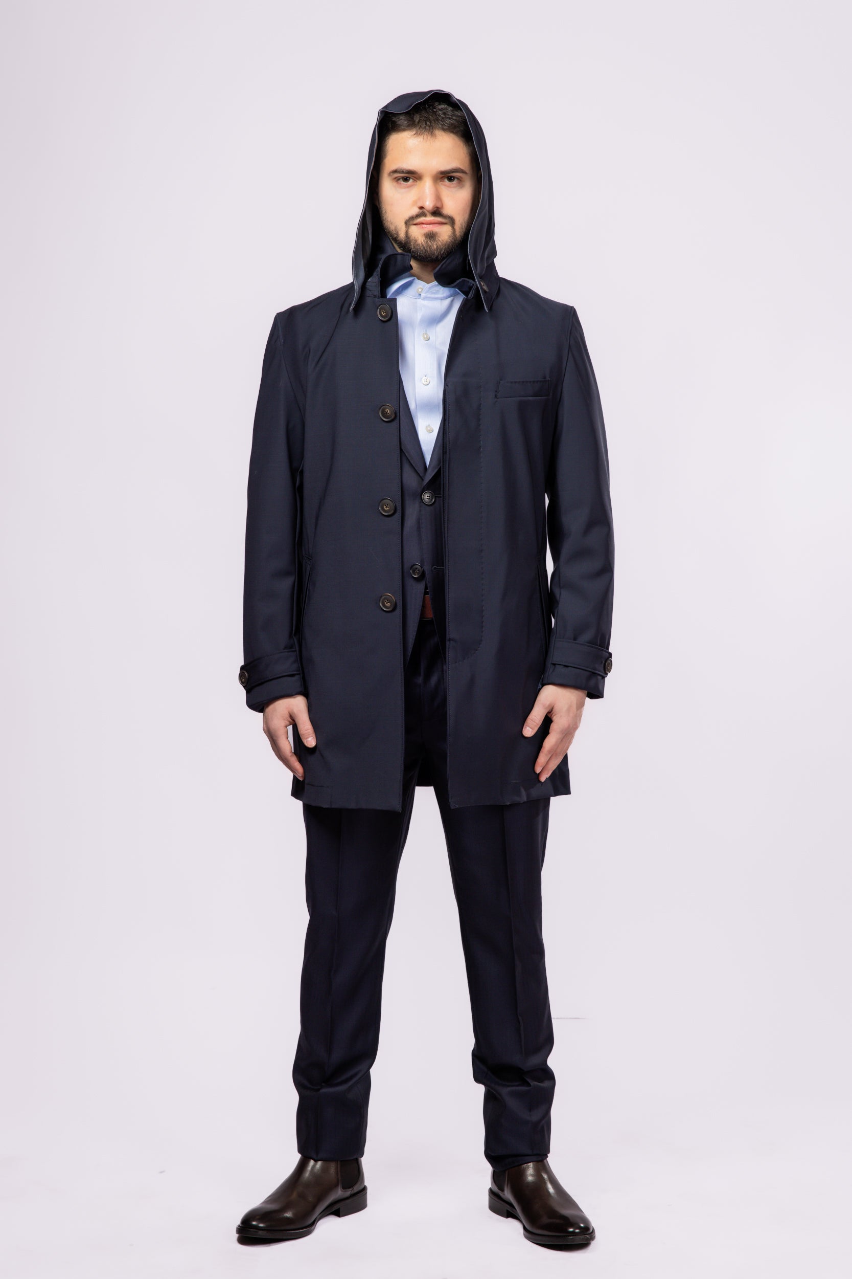 Navy Waterproof Wool Raincoat - Atica Man