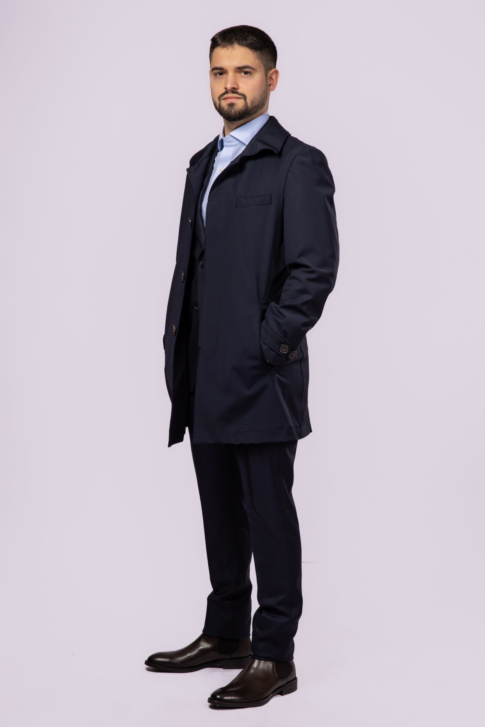 Navy Waterproof Wool Raincoat