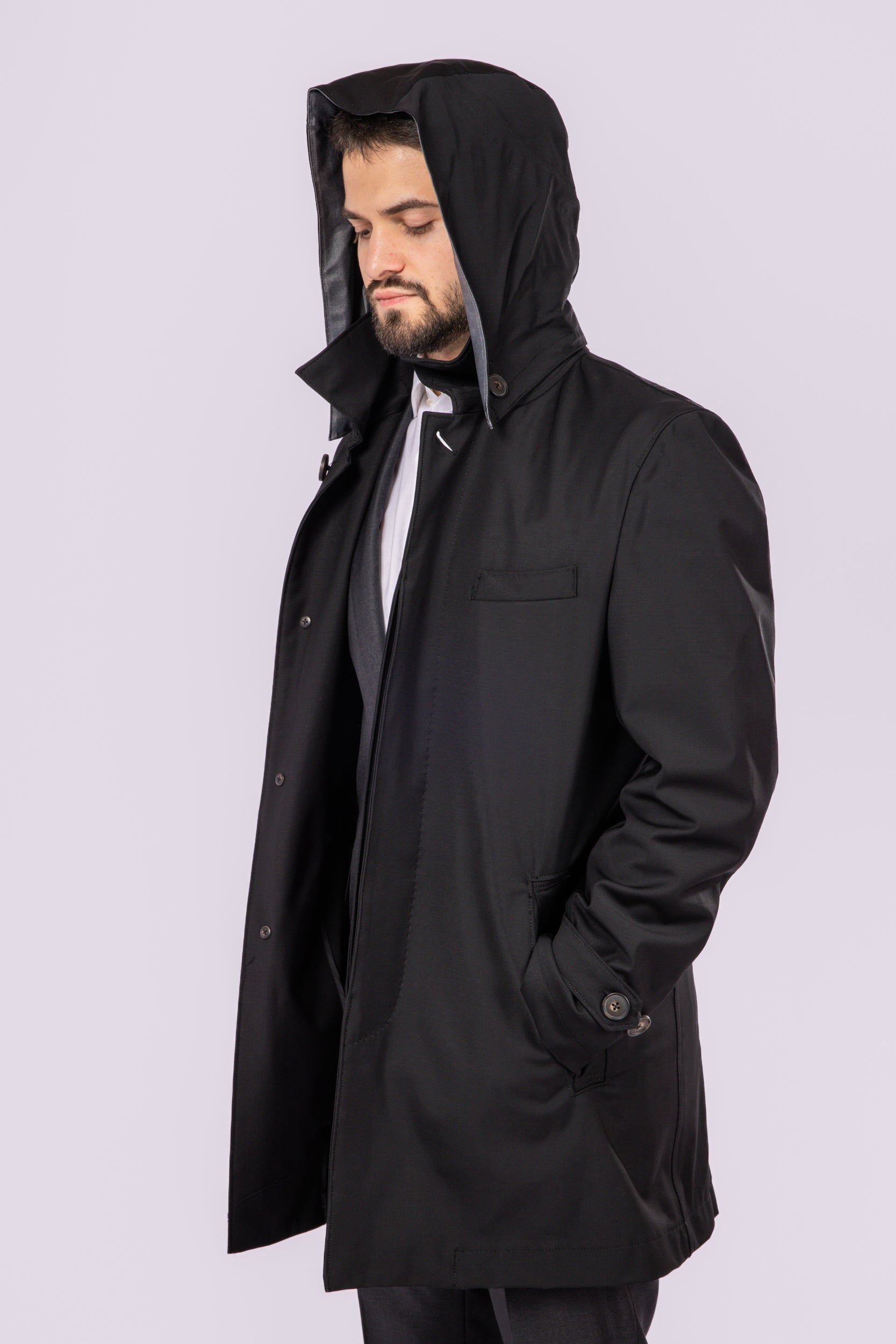 Black Waterproof Wool Raincoat - Atica Man