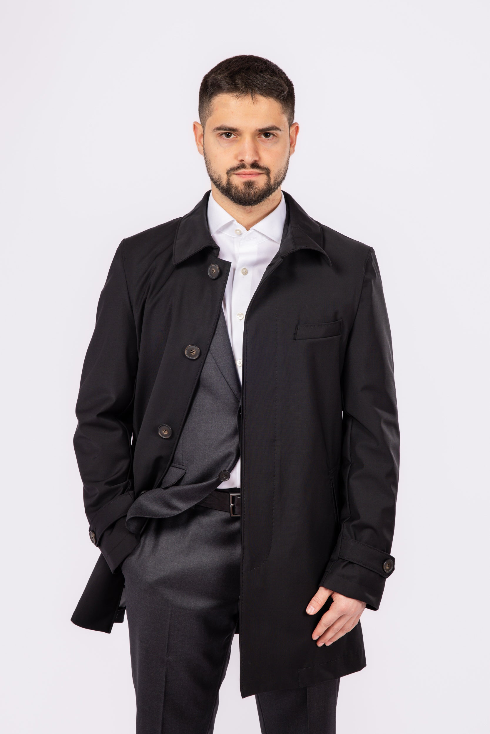 Black Waterproof Wool Raincoat