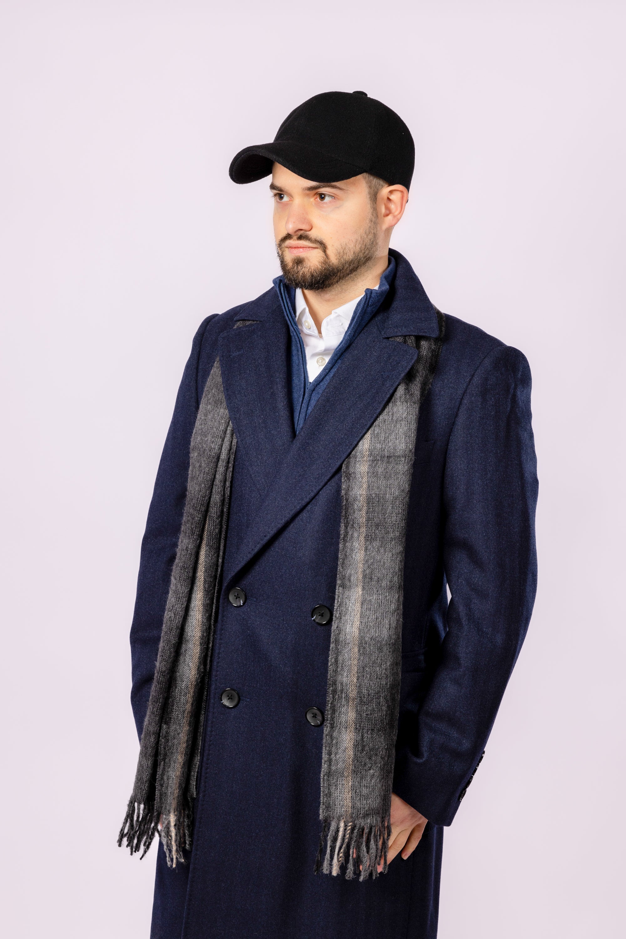 Double Breasted Wool Overcoat - Navy herringbone - Atica Man