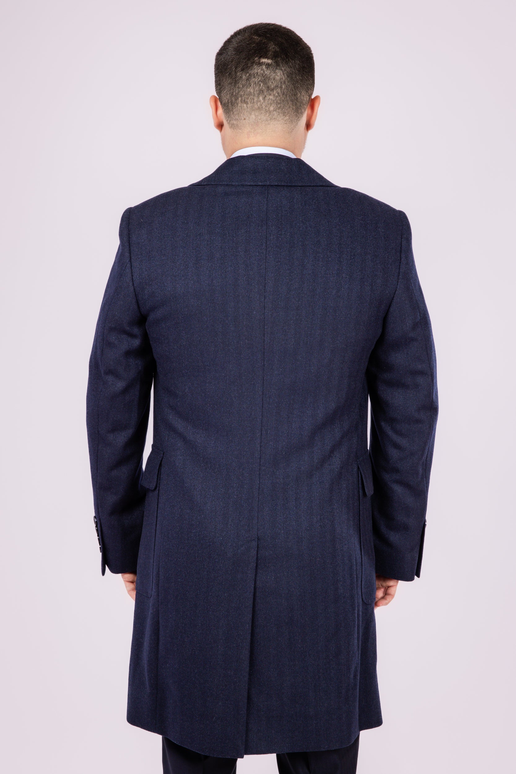 Double Breasted Wool Overcoat - Navy herringbone - Atica Man