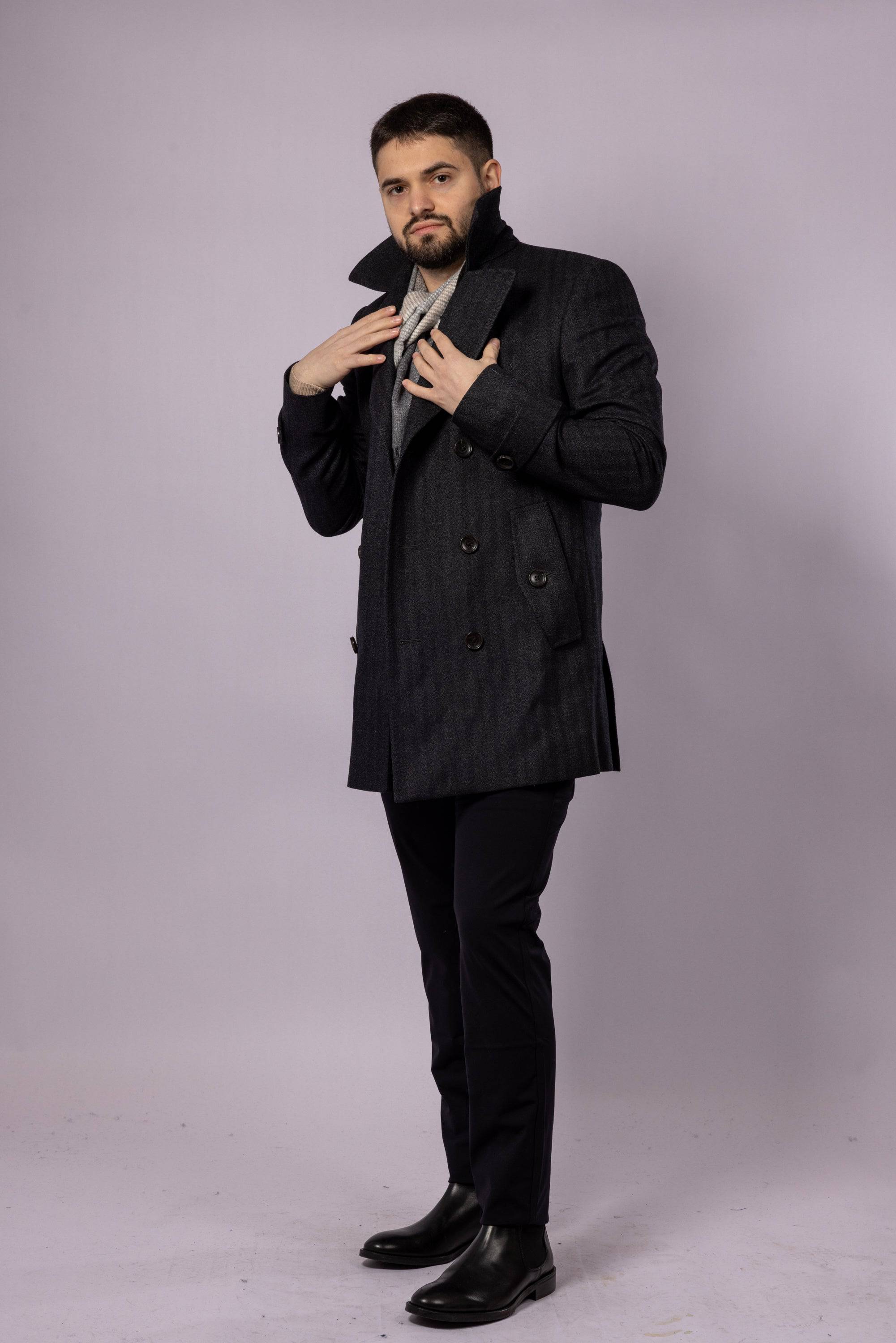Herringbone Wool Peacoat - Grey Herringbone - Atica Man